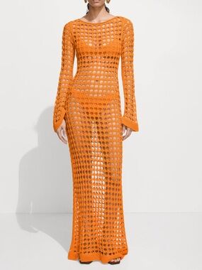 Mango Orange Openwork Knit Maxi Dress